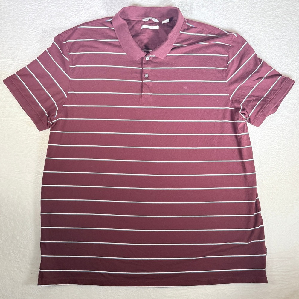 Calvin Klein Men's Burgundy White Stripe Polo Shirt Liquid Touch XXL 100% Cotton
